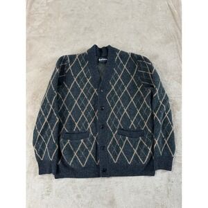 BARBOUR Ferguson Black Marble Sweater Wool Slim Fit Argyle Knitted Cardigan L